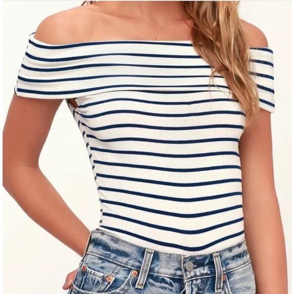 We the Free White Blue Off the Shoulder Striped Melbourne Preppy Top Size Medium - Picture 2 of 9